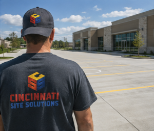 Back view of a worker wearing a Cincinnati Site Solutions T-shirt and cap in an empty parking lot outside a modern building.