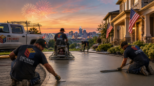 Workers in Cincinnati Site Solutions shirts finish pouring concrete on a driveway at sunset, with a city skyline in the background and a pickup truck nearby.
