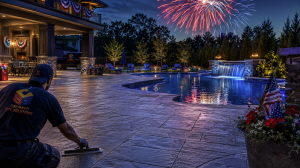 Worker kneels and smooths a stamped concrete pool deck at night, with fireworks lighting the sky and a house patio behind him.