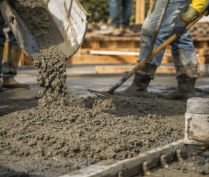 Wet concrete being poured into a form at a construction site, with workers' boots nearby and wooden framing in the background.