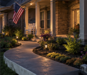 Front porch of a brick house at dusk with an American flag, illuminated path lights, and a well-kept garden.